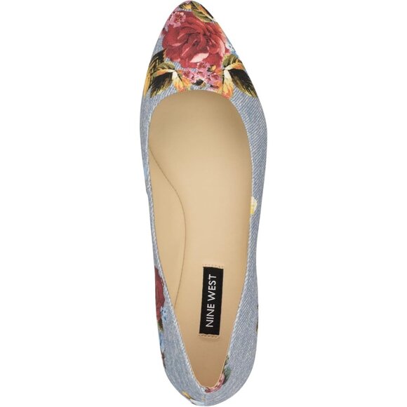 Nine West Women's Blue Rose Denim Leather Closed Pointed Toe Ballet Flats Shoes - Picture 2 of 6